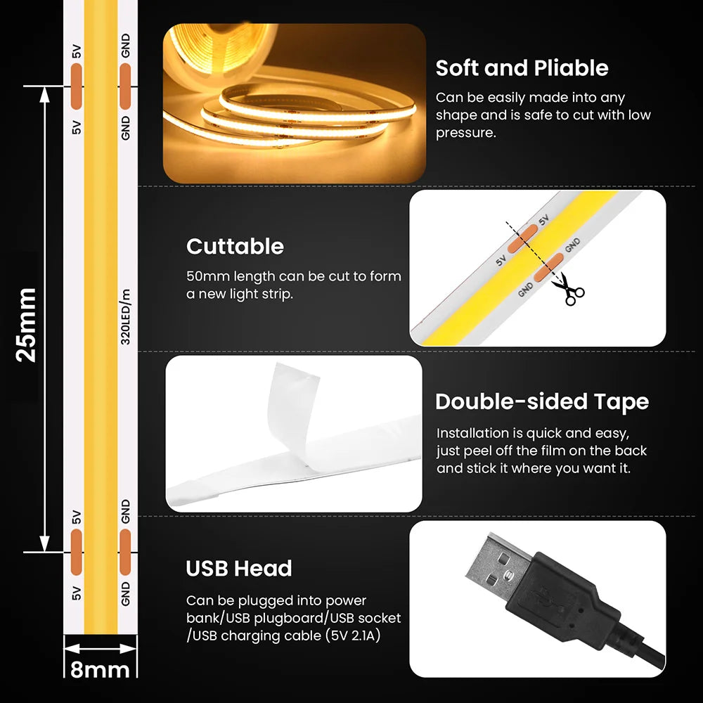 New 5V USB COB Strip Light 320Leds/m Warm Natural White Cabi