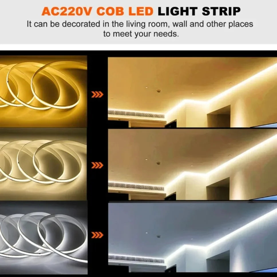 5m 10m 20m 30m COB LED Strip Light 220V Flex Tape Lamp with 