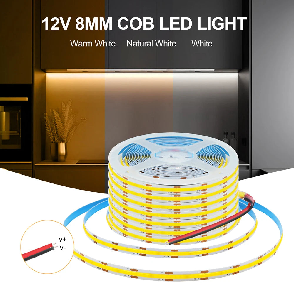 3mm 5mm 8mm PCB COB LED Strip Light 5V 12V 24V 320LEDs/m Hig
