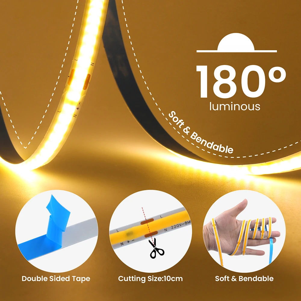 5M 10M 15M 20M 110V 220V COB LED Strip Light Super Bright 24