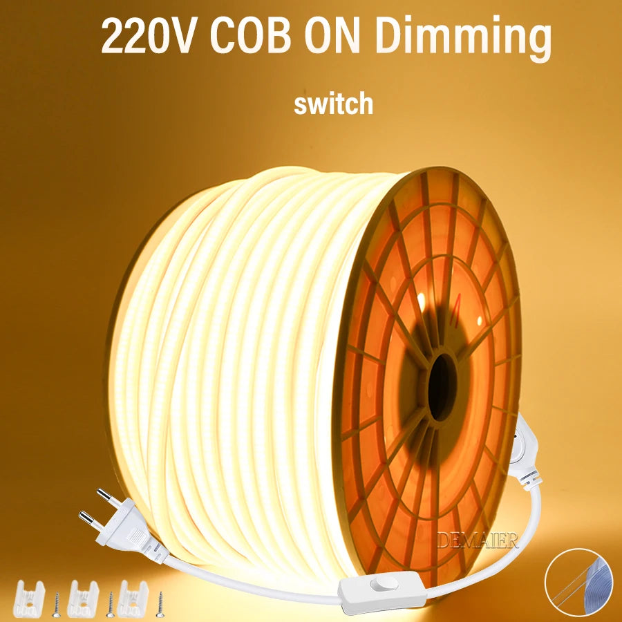 220V COB LED Strip with Switch /Dimmable Waterproof 360LED S