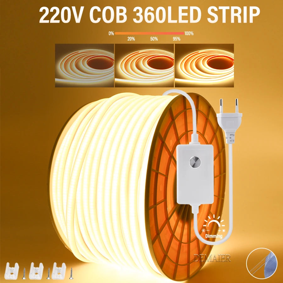 220V COB LED Strip with Switch /Dimmable Waterproof 360LED S