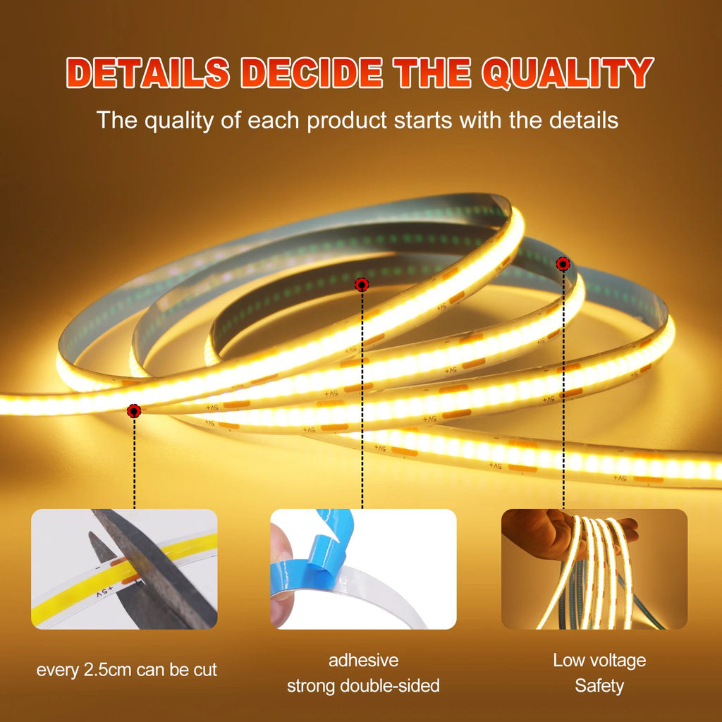 DC 5V USB COB Strip Width 8MM Flexible LED Strip Cabinet Lig