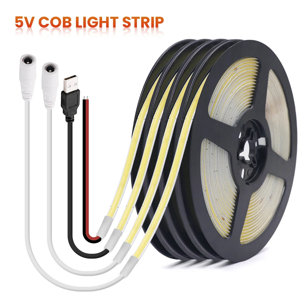DC5V USB COB LED Strip 3mm 5mm 8mm Width 12V 320LEDs Flexibl