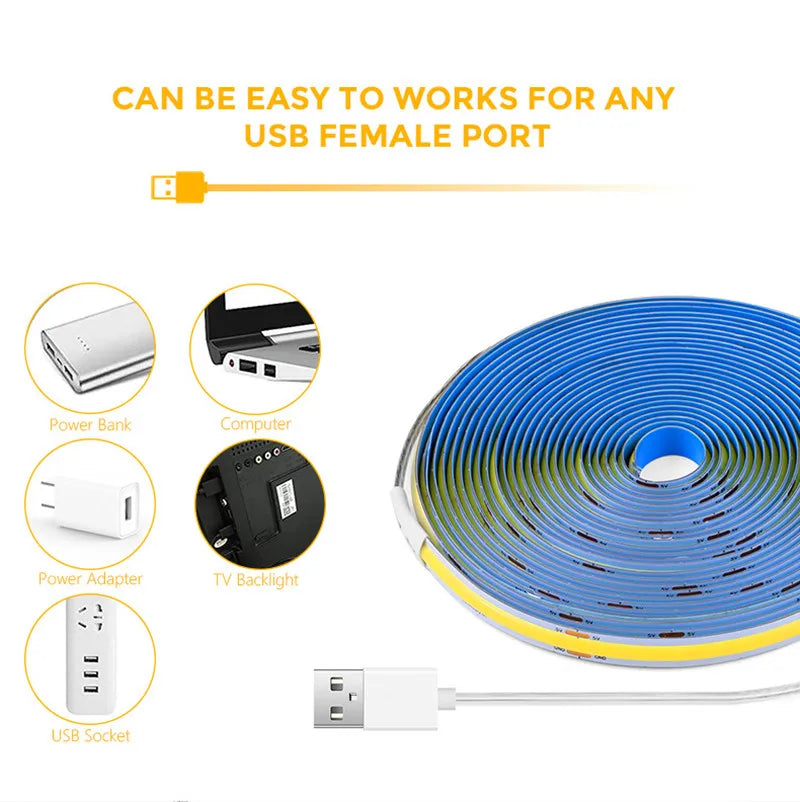 COB LED Strip Light 5V USB Waterproof With Button Switch Fle