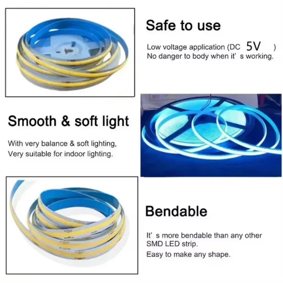 1-5M USB LED Strip Light 5V 320LEDs/M COB Touch Sensor Dimma