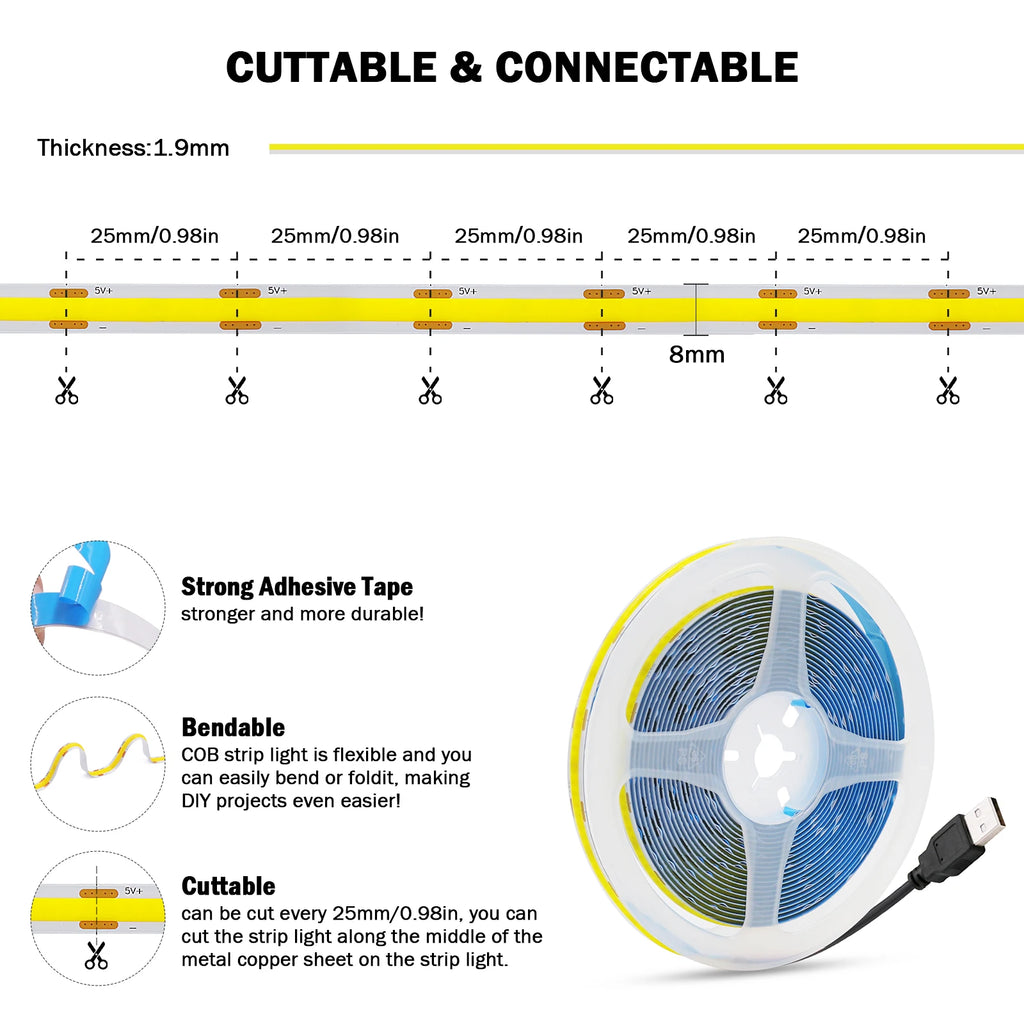 DC5V USB COB Led Strip Light White/Pink/Red/Yellow/Ice Blue/