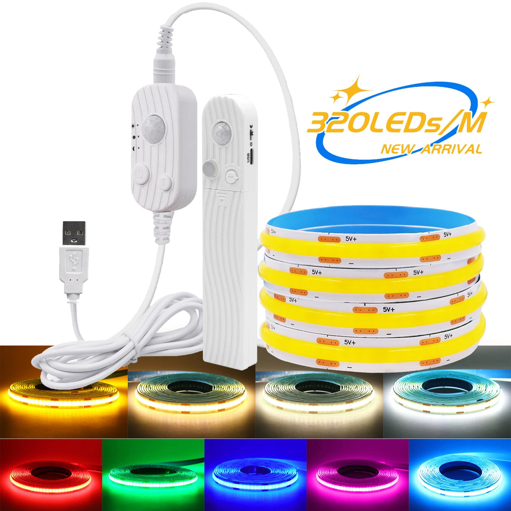 COB LED Strip 8mm Motion Sensor USB/Battery Powered 5V 320LE