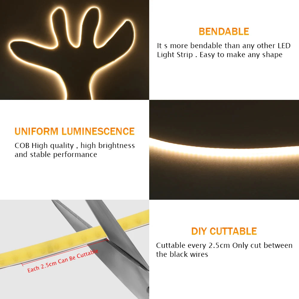 DC 5V 12V 24V COB LED Strip 320 384 480 528LEDs/m High Densi