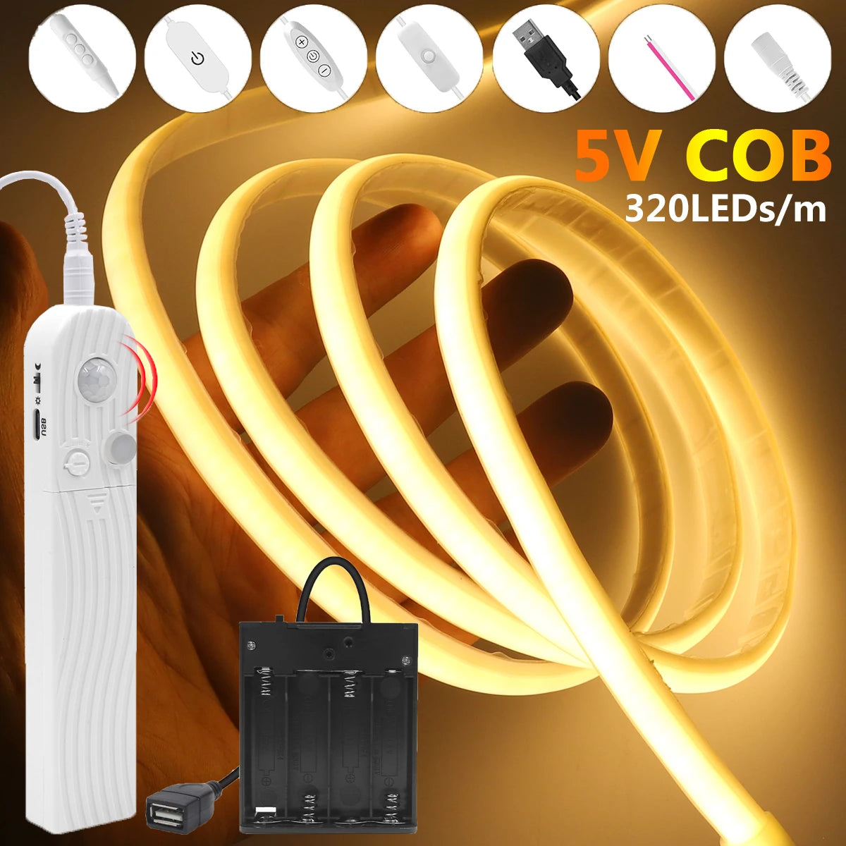 Dimmable 5V COB Neon LED Strip Light 320LEDs/m USB Switch/To