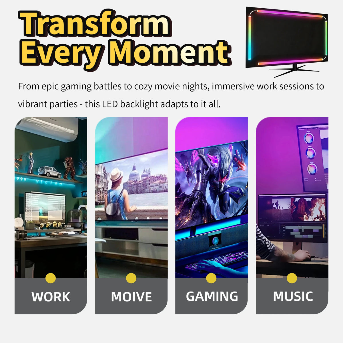 WACUAAO Next-Gen RGBIC PC Monitor Backlight - 360 4-Side Scr