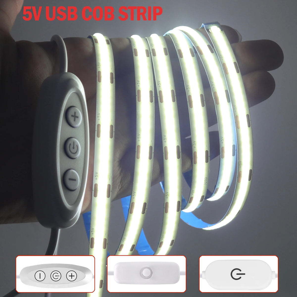 Dimmable COB LED Strip Light 5V USB Flexible LED Tape with S