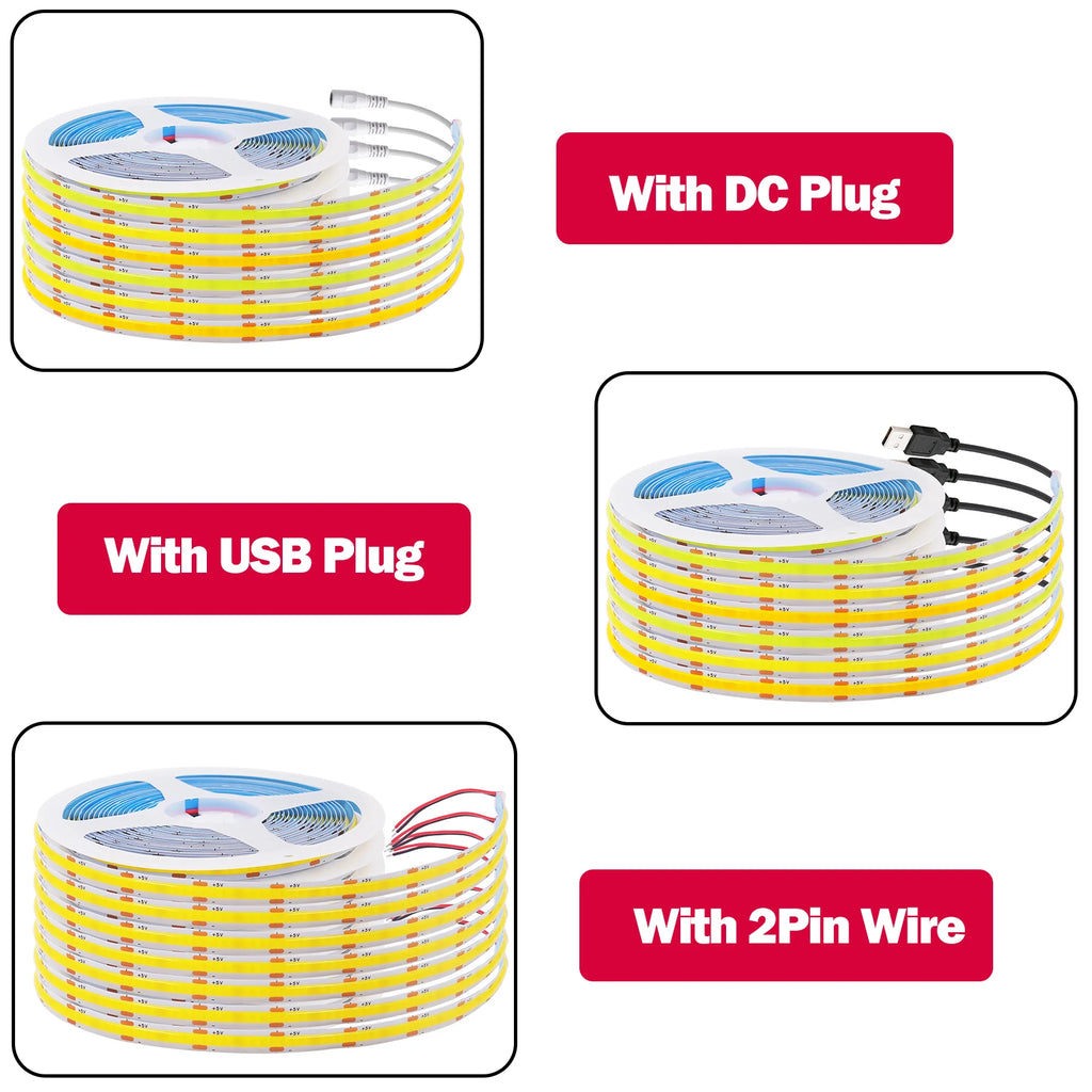 DC5V USB COB Led Strip Light White/Pink/Red/Yellow/Ice Blue/