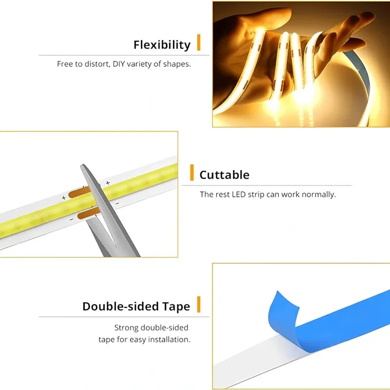 LED COB Light Strip Touch Dimmer Flexible Diode Tape 5V USB 