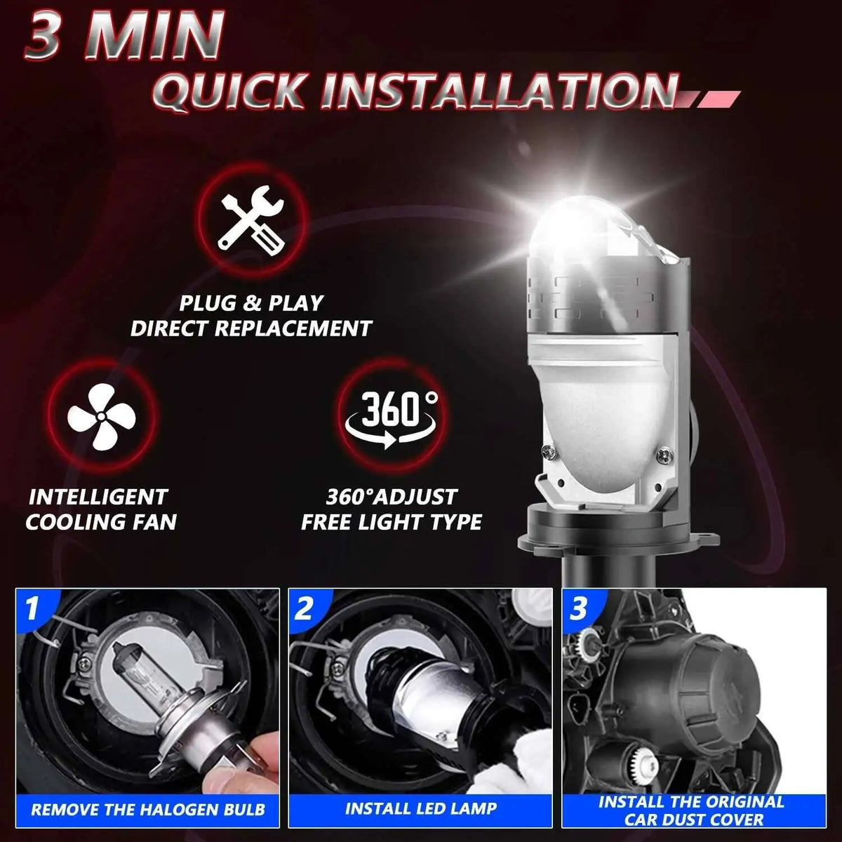 1PC H4 LED Lens Mini Bi Led Projector 70W Headlight Bulbs Ca