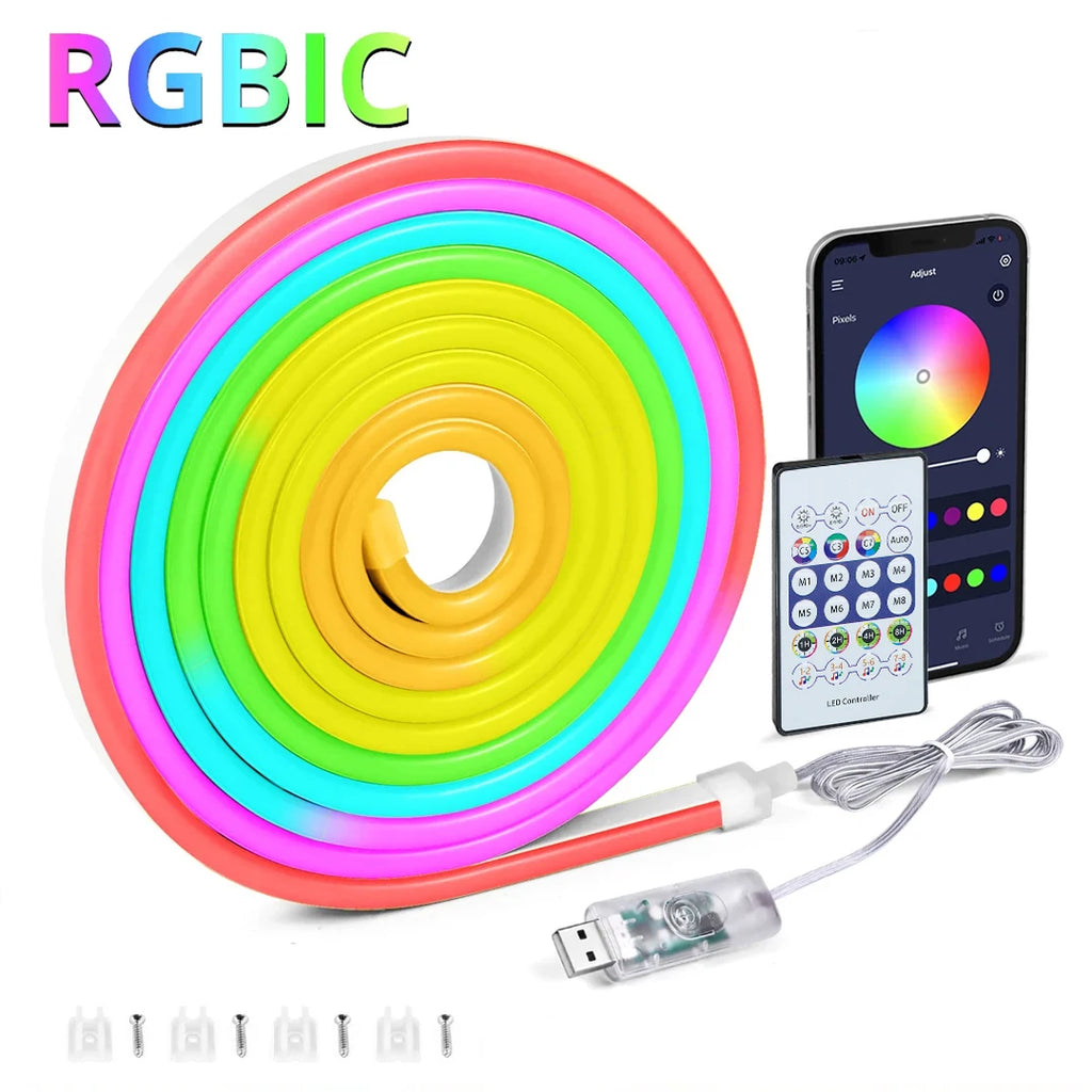 5V RGBIC WS2812 Neon LED Rope Strip Bluetooth APP & Remote Control Music Sync Waterproof Flexible Light For DIY Atmosphere Decor