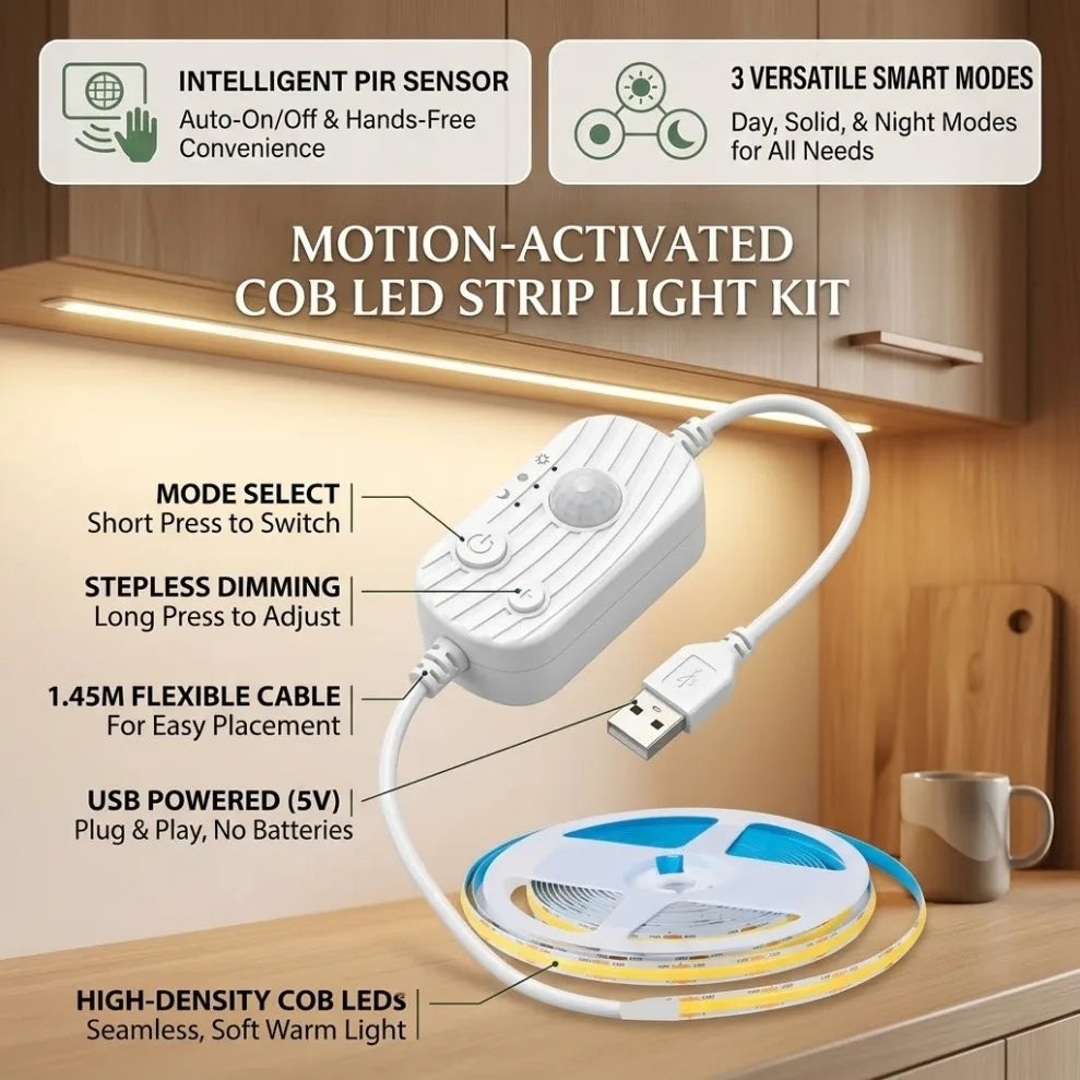 USB Motion Sensor 8mm COB LED Strip DC5V 3 Modes Dimmable In