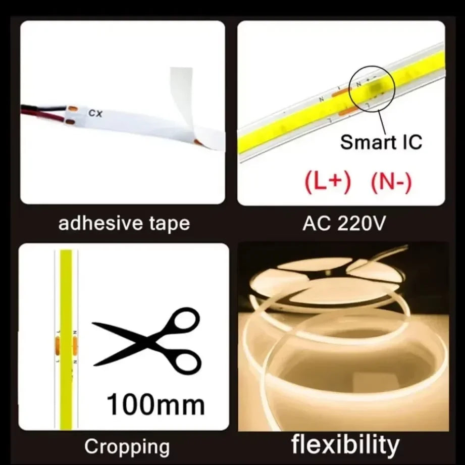 220V COB LED Strip 0.5M-10M Flexible Tape Light Smart IC No 