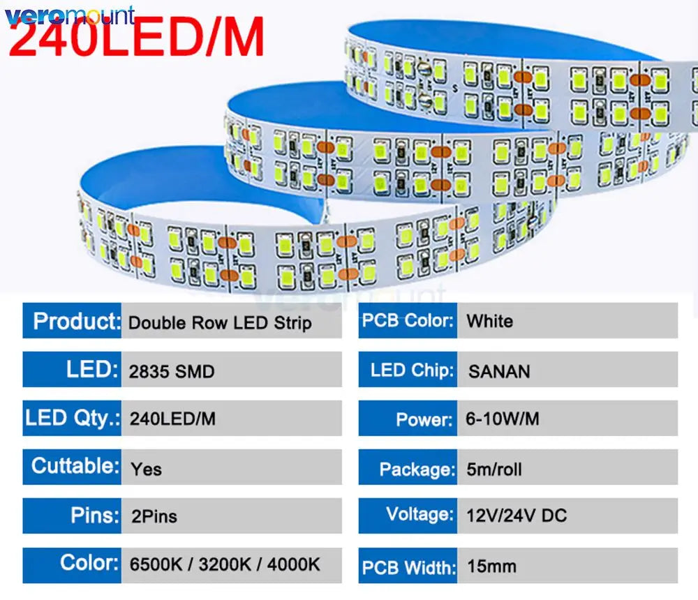 5m Double Row 2835 Flexible LED Strip 240leds/m 480leds/m Co