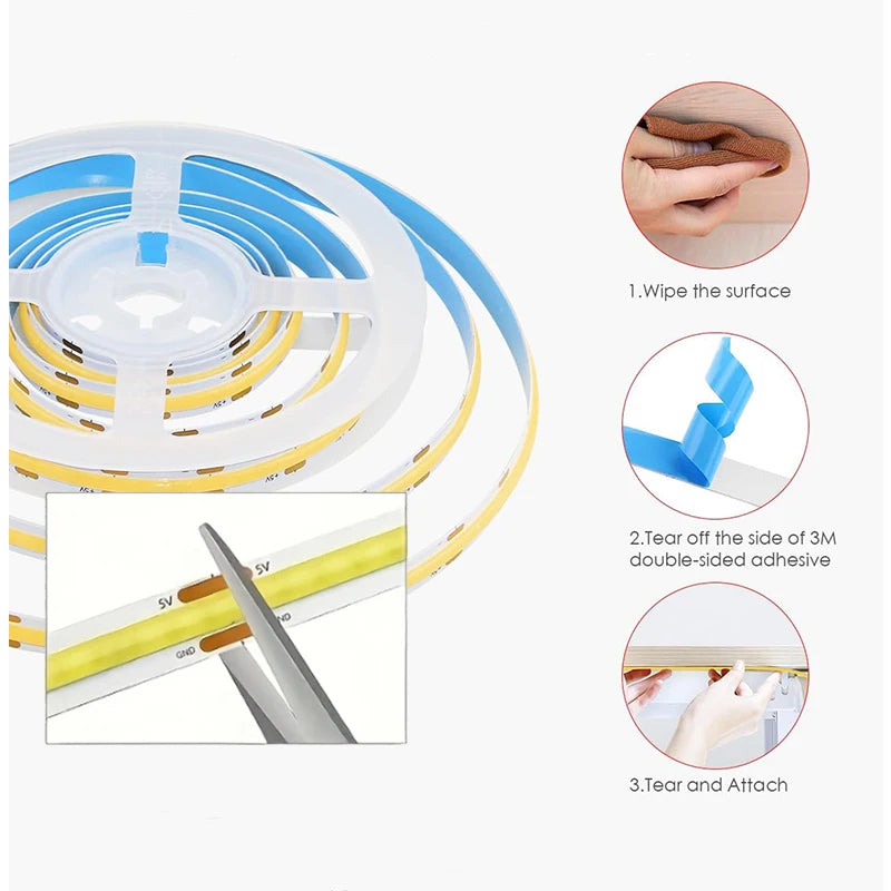 5V COB LED Strip Light Self-adhesive USB Flexible LED Tape w