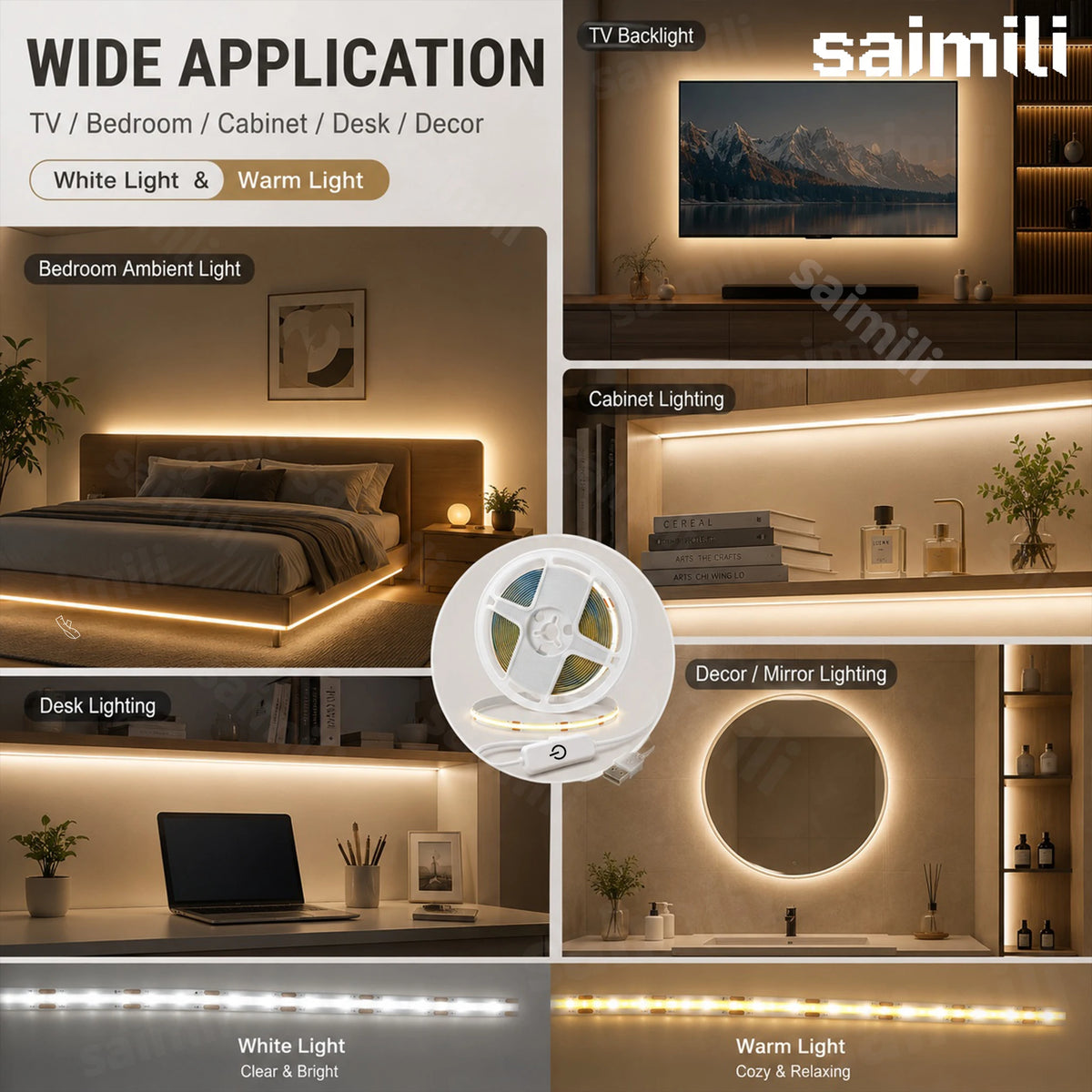 USB High Density COB LED Strip Touch Dimmer No Dark Spot Fle