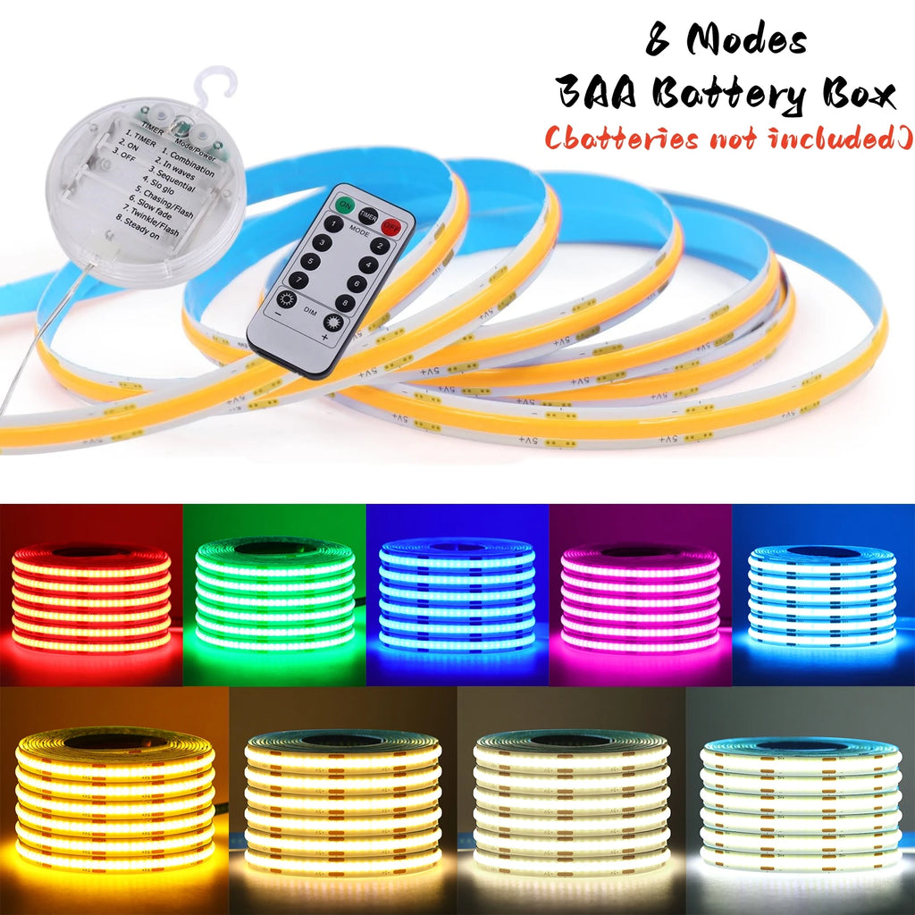 Dimmable 5V COB LED Strip Light 8 Modes 3AA Battery Box With