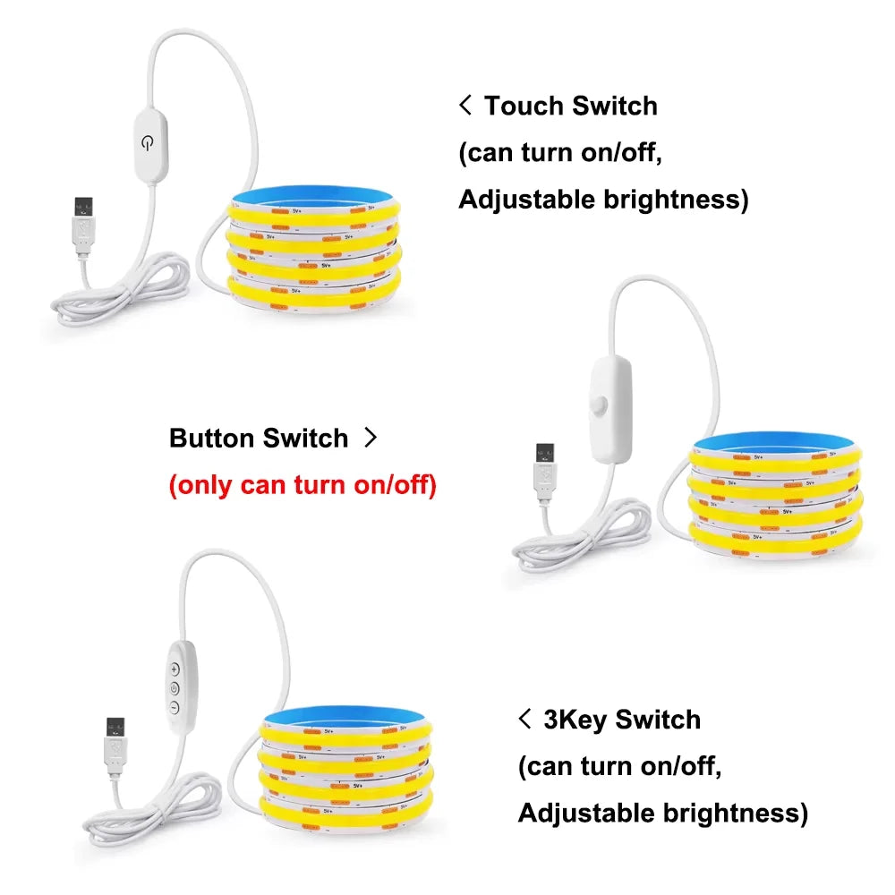 5V COB LED Strip Light 320LEDs/M Touch Sensor Dimmable USB F