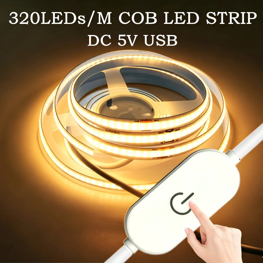 5V USB COB LED Strip 1-5M 320LEDs/M Touch Sensor Dimmable Fl