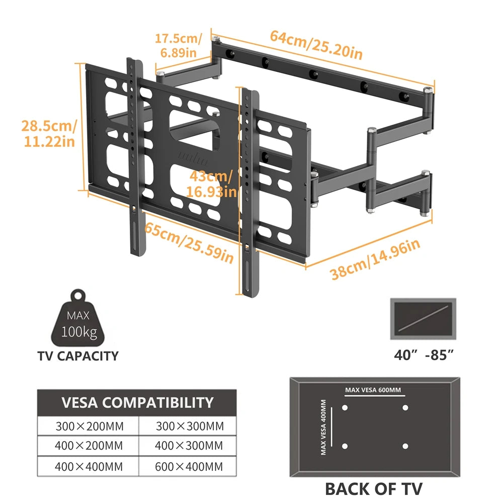 Full Motion Swivel TV Wall Mount Bracket for 40-85 Inches wi