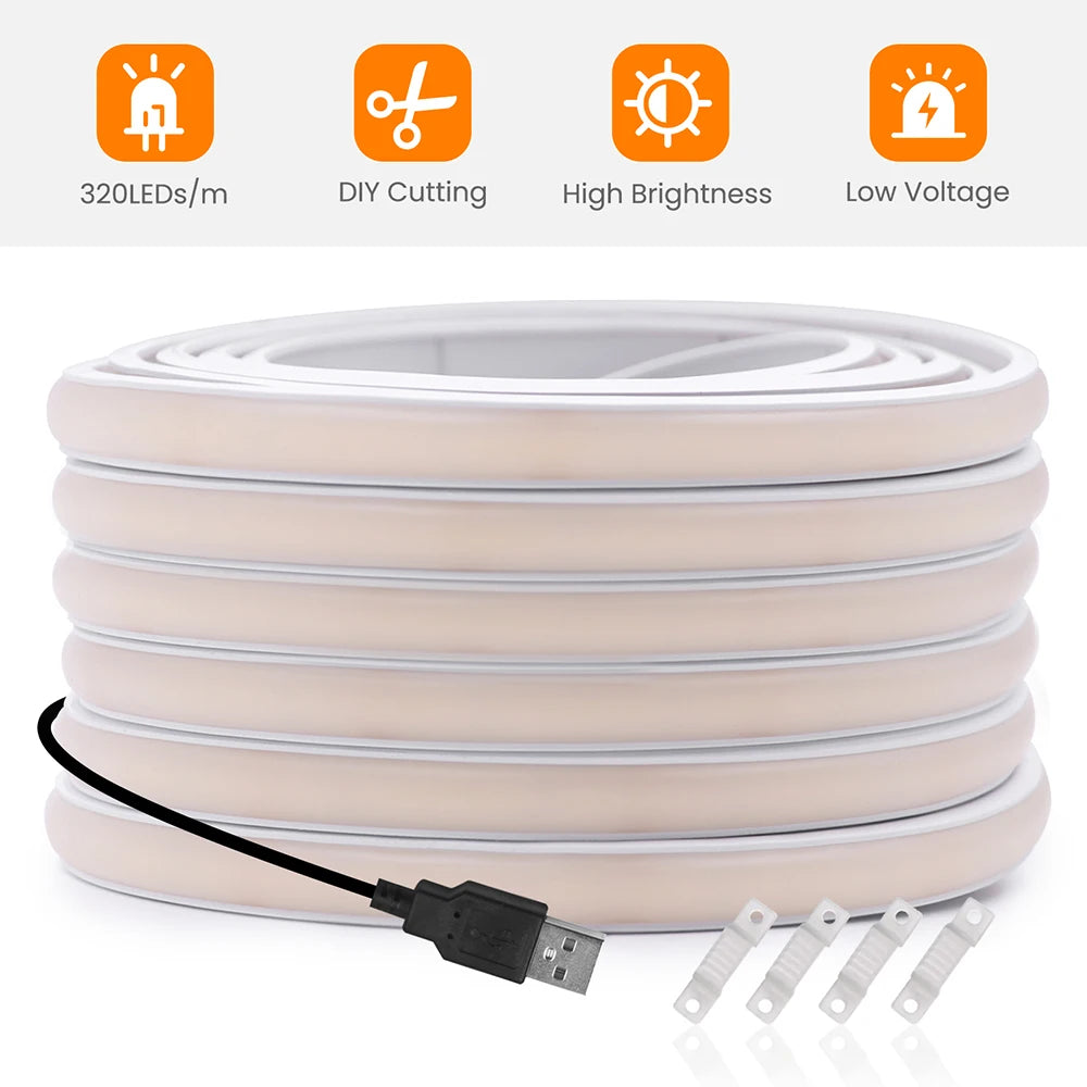 USB COB Neon Strip Light DC 5V 320LED/m Flexible Silicone Ro