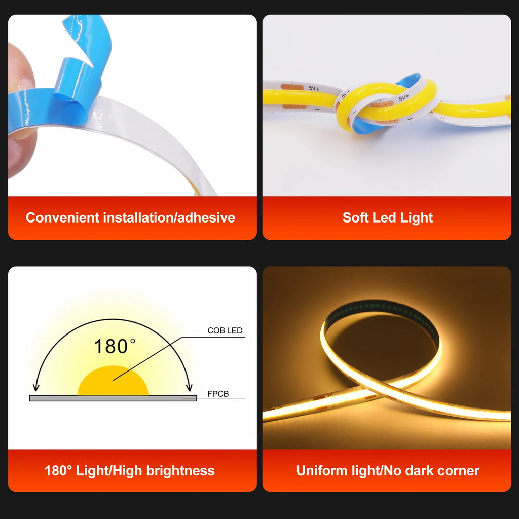3AA Battery Power COB LED Strip Light 5V 320LEDs/M 1m 2m 3m 