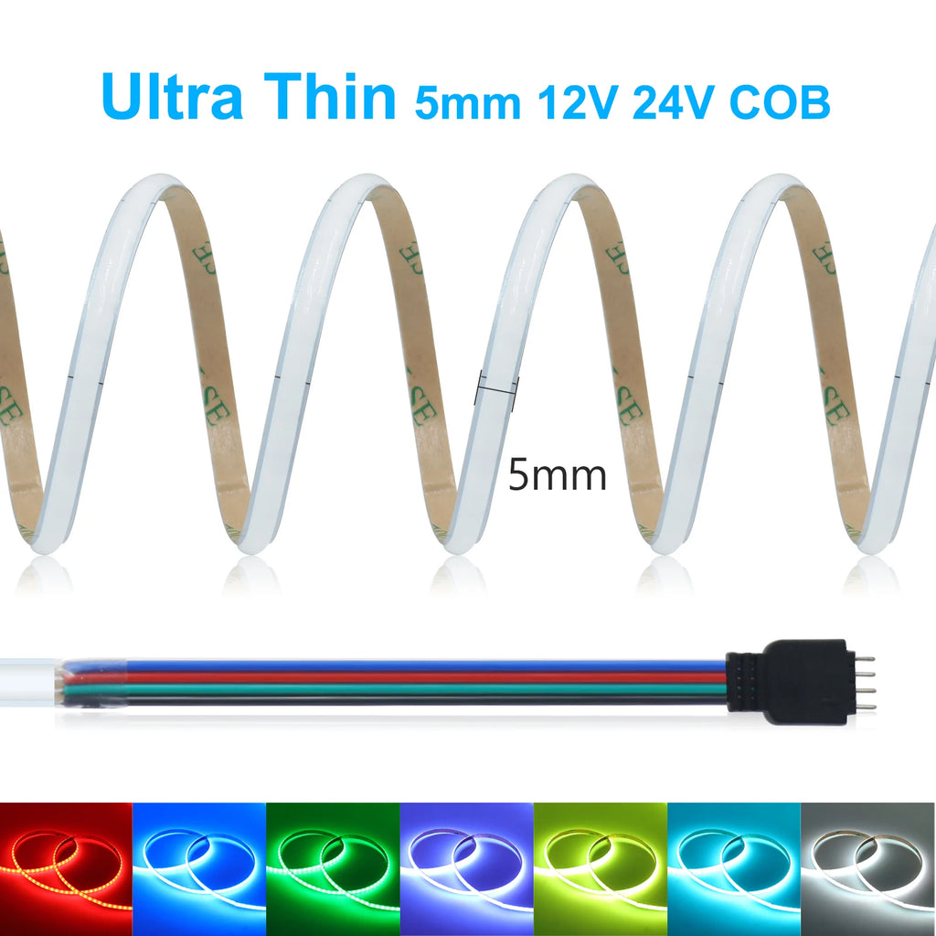 Super Thin 5mm 12V 24V RGB COB LED Strip Light 576LEDs/m Hig