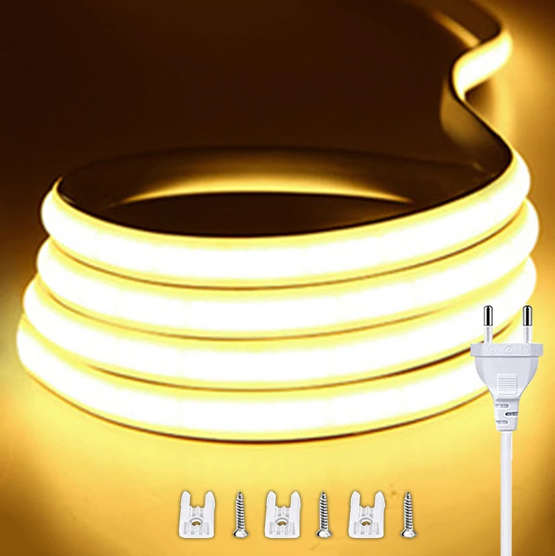 220V LED Strips High Brightness COB LED Strip Adhesive Wroaterpof Flexible Ribbon for Room Kitchen Outdoor Garden Lighting