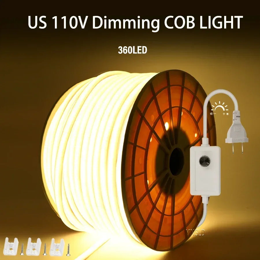 High Bright 220V COB LED Strip Light 110V Switch/Dimmable RA90 Flexible Neon Tape Kitchen Cabinet Lighting Waterproof Garden
