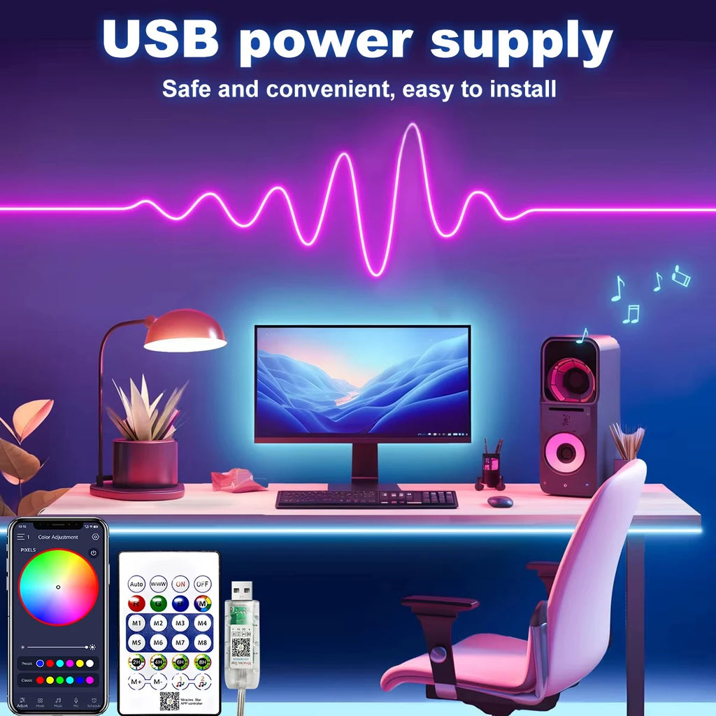 USB RGBIC Neon Rope Light WS2812 Flexible LED Tape Bluetooth