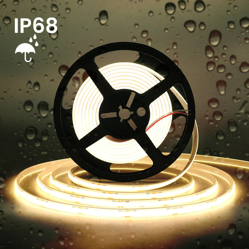 1-20M IP68 Waterproof COB LED Strip 12V 24V 320LEDs/M RA90 F