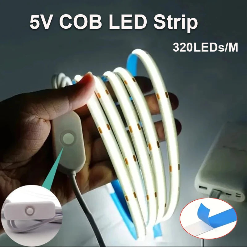 5V COB LED Strip Light Self-adhesive USB Flexible LED Tape w