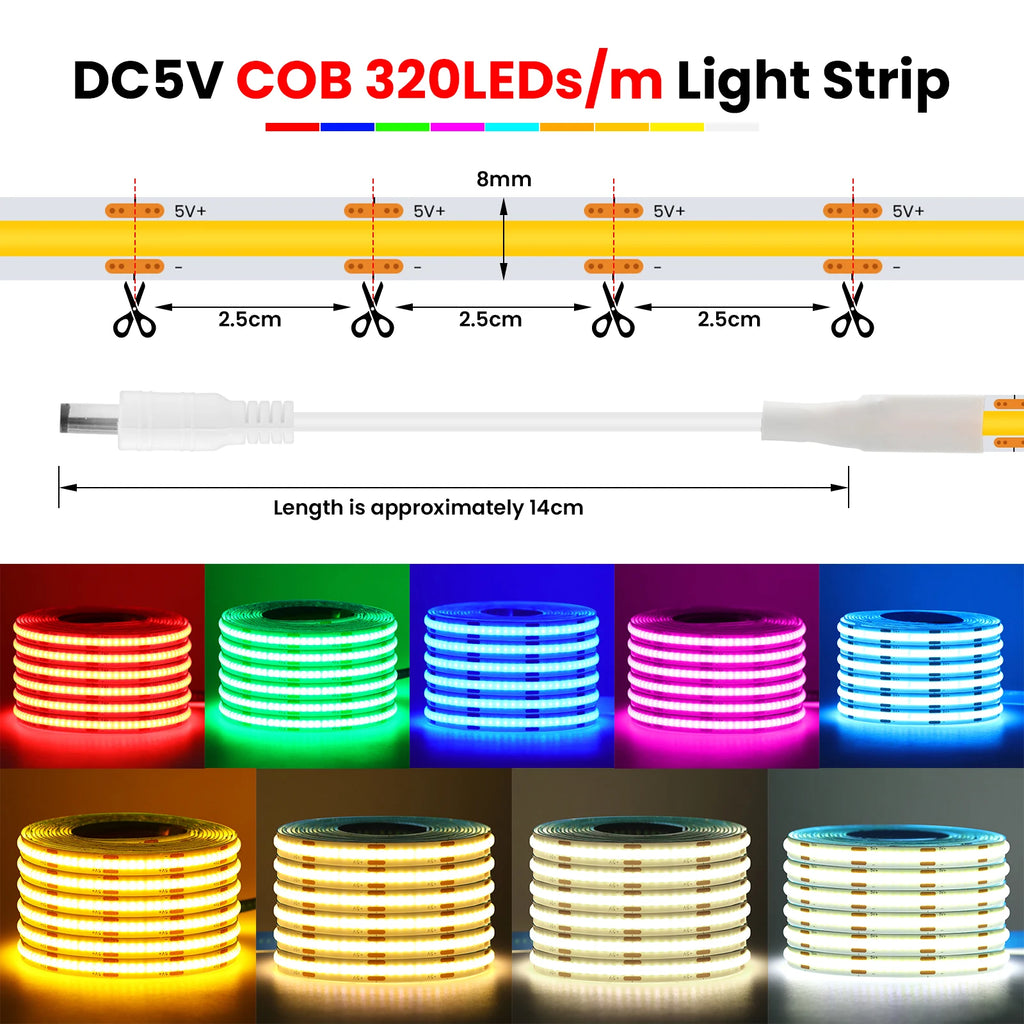 COB LED Strip 8mm Motion Sensor USB/Battery Powered 5V 320LE