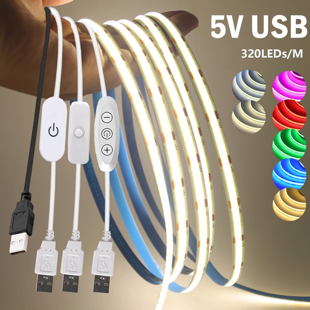 5V USB COB LED Strip Light 3Keys Touch Dimmable ON/OFF Switc