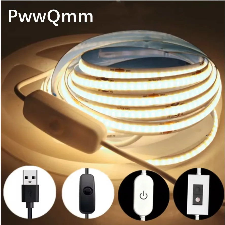 5V USB COB LED Light Strip 3M 4M 5M Touch Linear Dimming Fle