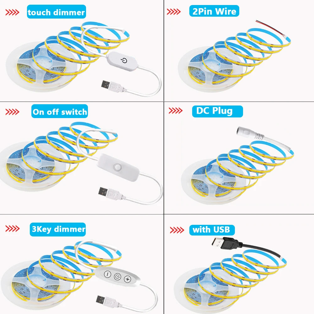 5V USB COB LED Strip Light 3Keys Touch Dimmable ON/OFF Switc