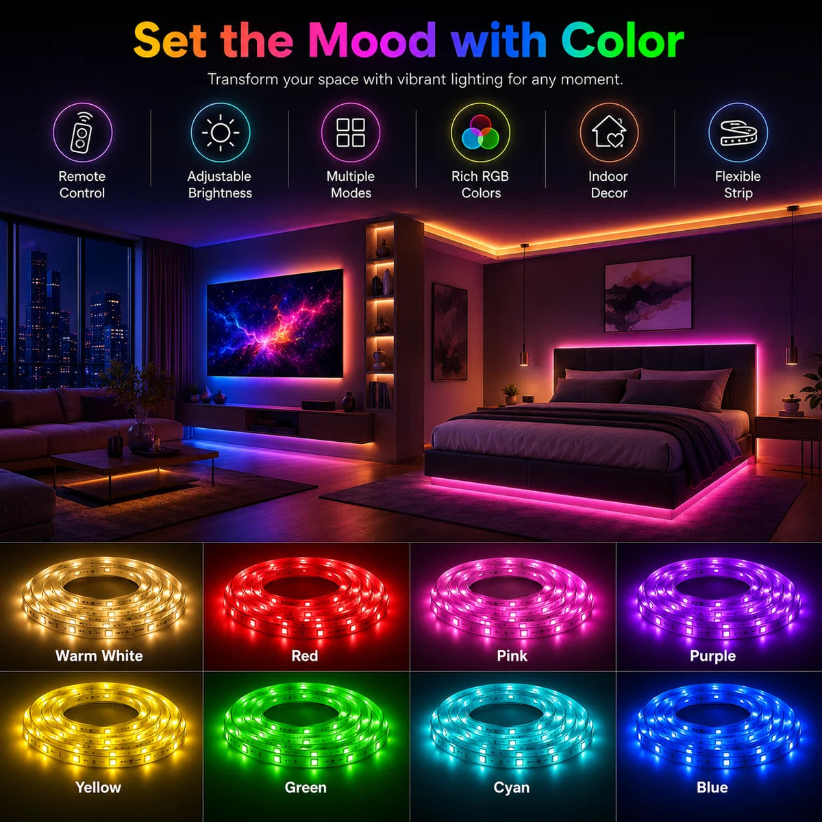 1M-40M Led Strip Lights with 44 Key Remote Control RGB Tape 