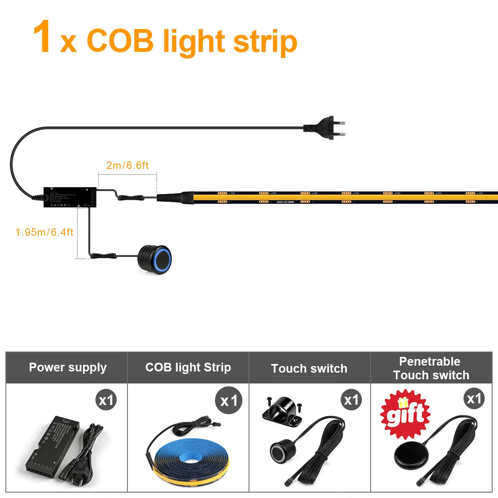 Dimmable Double Touch Sensor COB LED Light Strip For Acoustic Wood Slat TV Backlight Wall Panel & Under Cabinet Ambient Decor