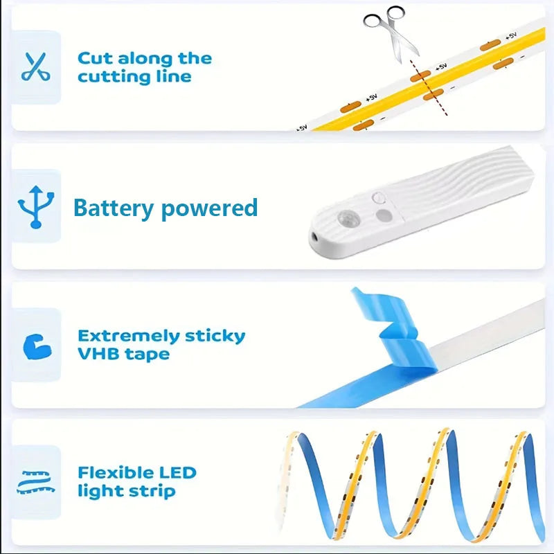 COB LED Strip Light 5V 320LEDs/m PIR Motion Sensor Flexible 