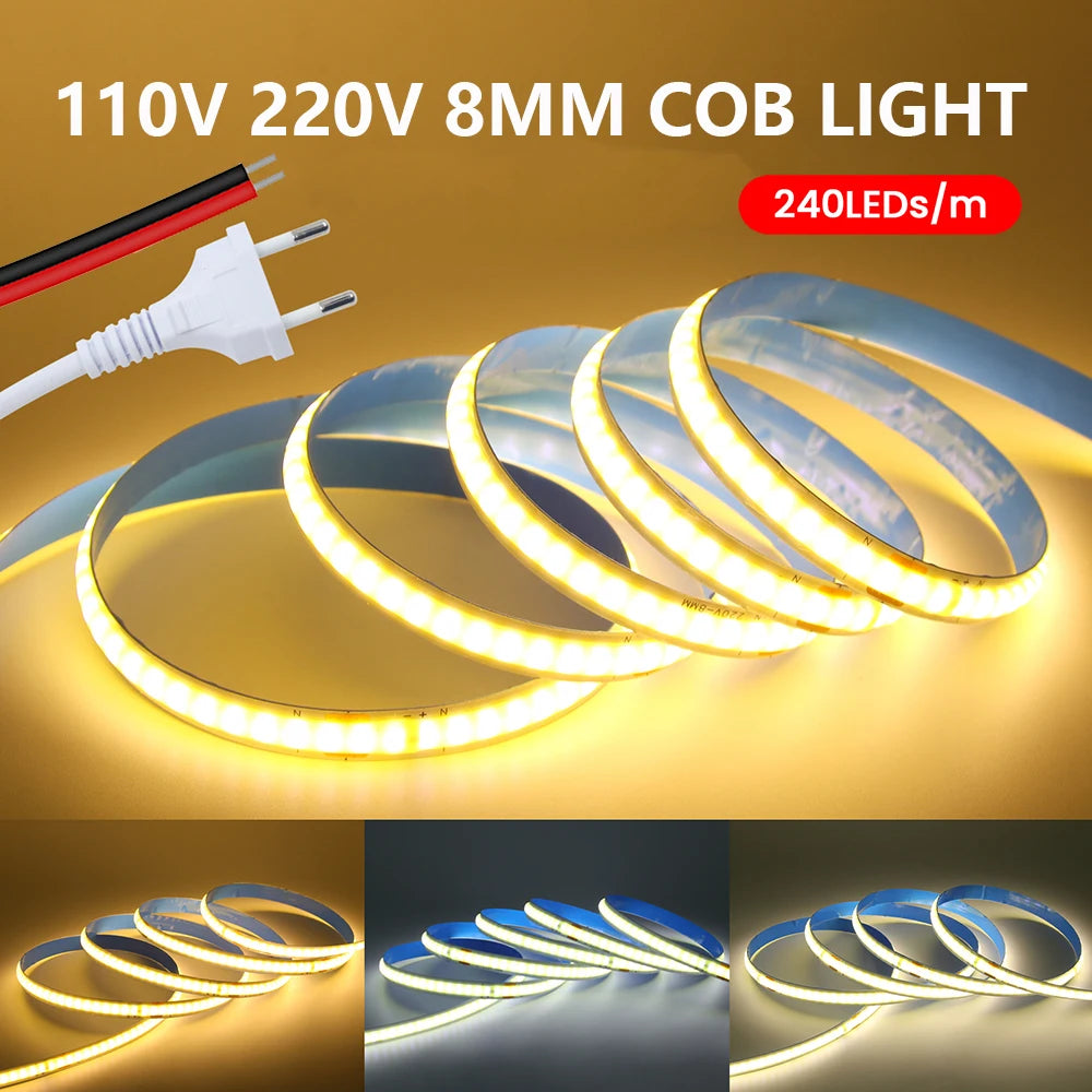5M 10M 15M 20M 110V 220V COB LED Strip Light Super Bright 24