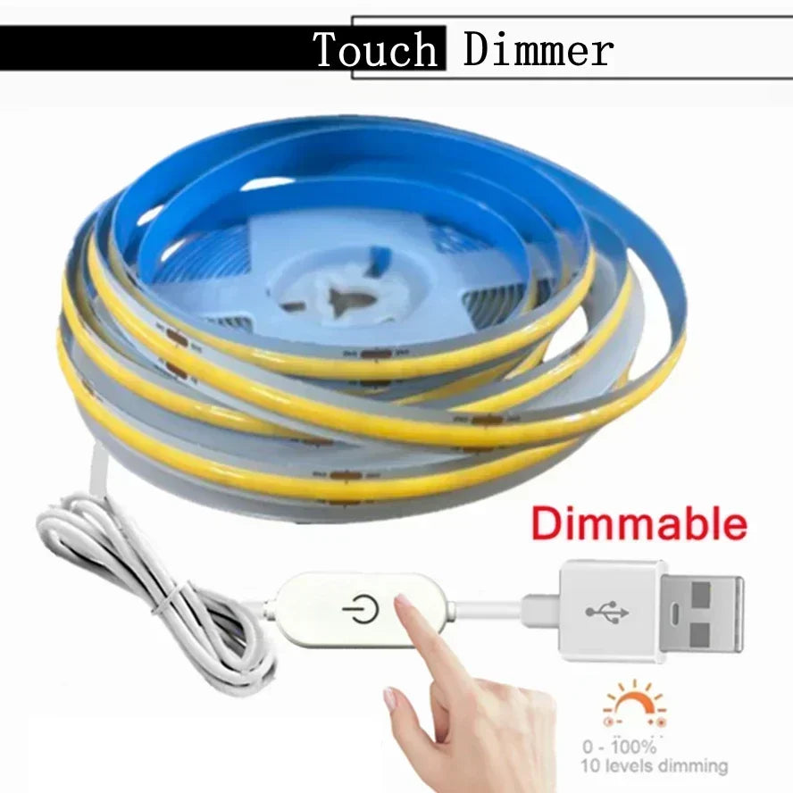 Super Bright USB DC 5V COB LED Strip Light 1m 2m 3m 4m 5m With Hand Scan/ Dimmable Touch Sensor Switch/ Push Switch 320LEDs/m