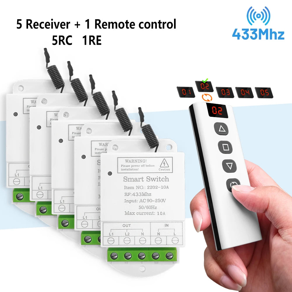 433mhz Wireless Remote Control Switch 220V 2CH Relay Receiver and Controller for Led Roller Blinds Shutters Projector Screen