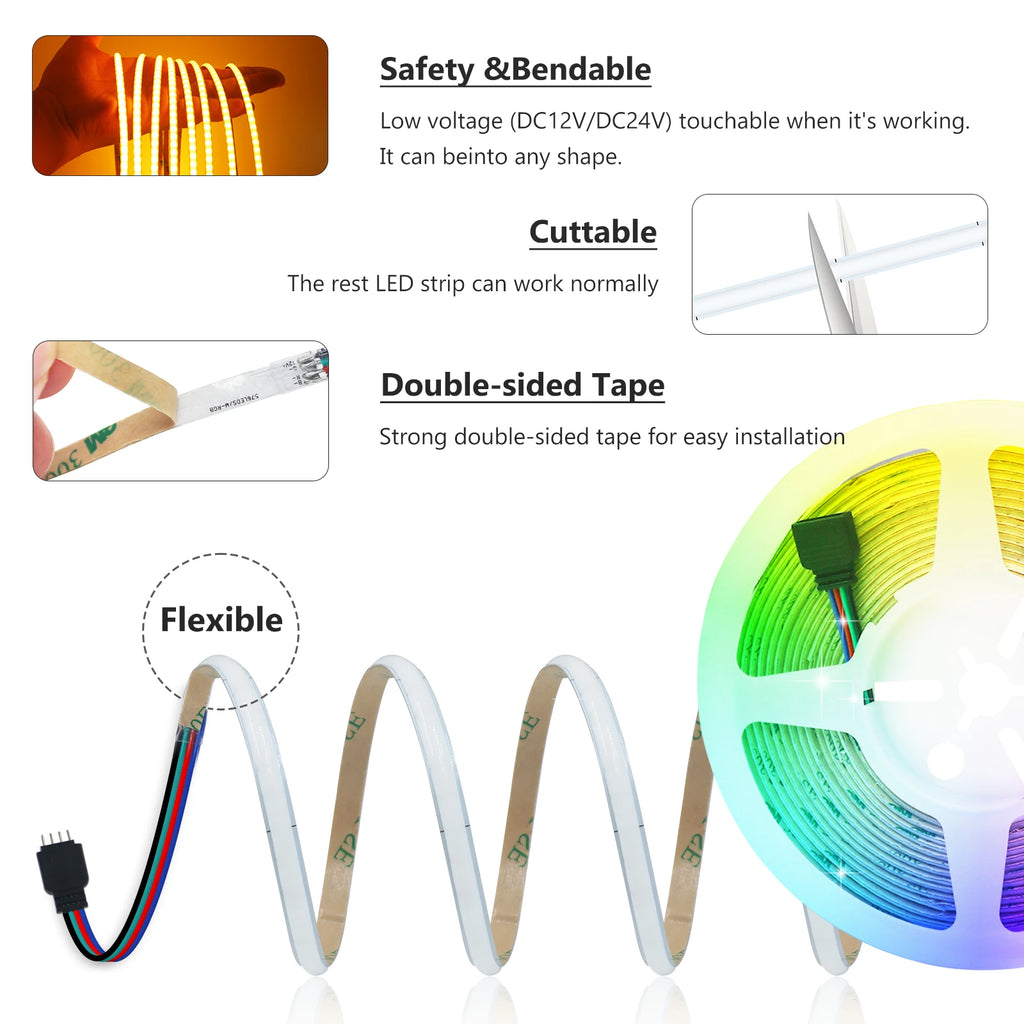 Super Thin 5mm 12V 24V RGB COB LED Strip Light 576LEDs/m Hig