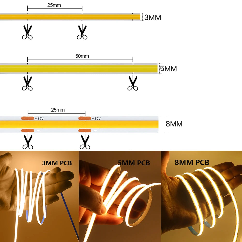 3mm 5mm 8mm PCB COB LED Strip Light 5V 12V 24V 320LEDs/m Hig