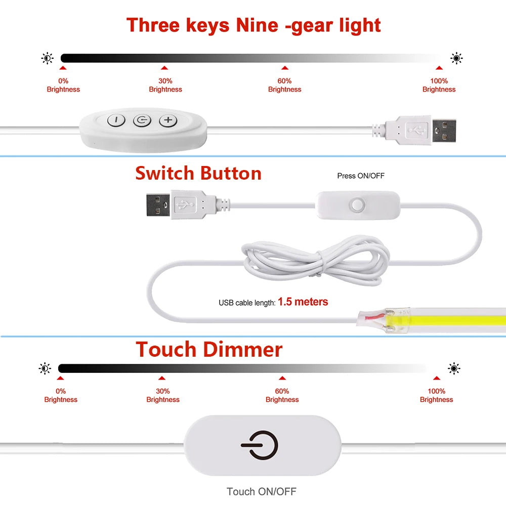 DC 5V COB LED Strip Light With USB 2PIN Wire DC Plug 8MM 320